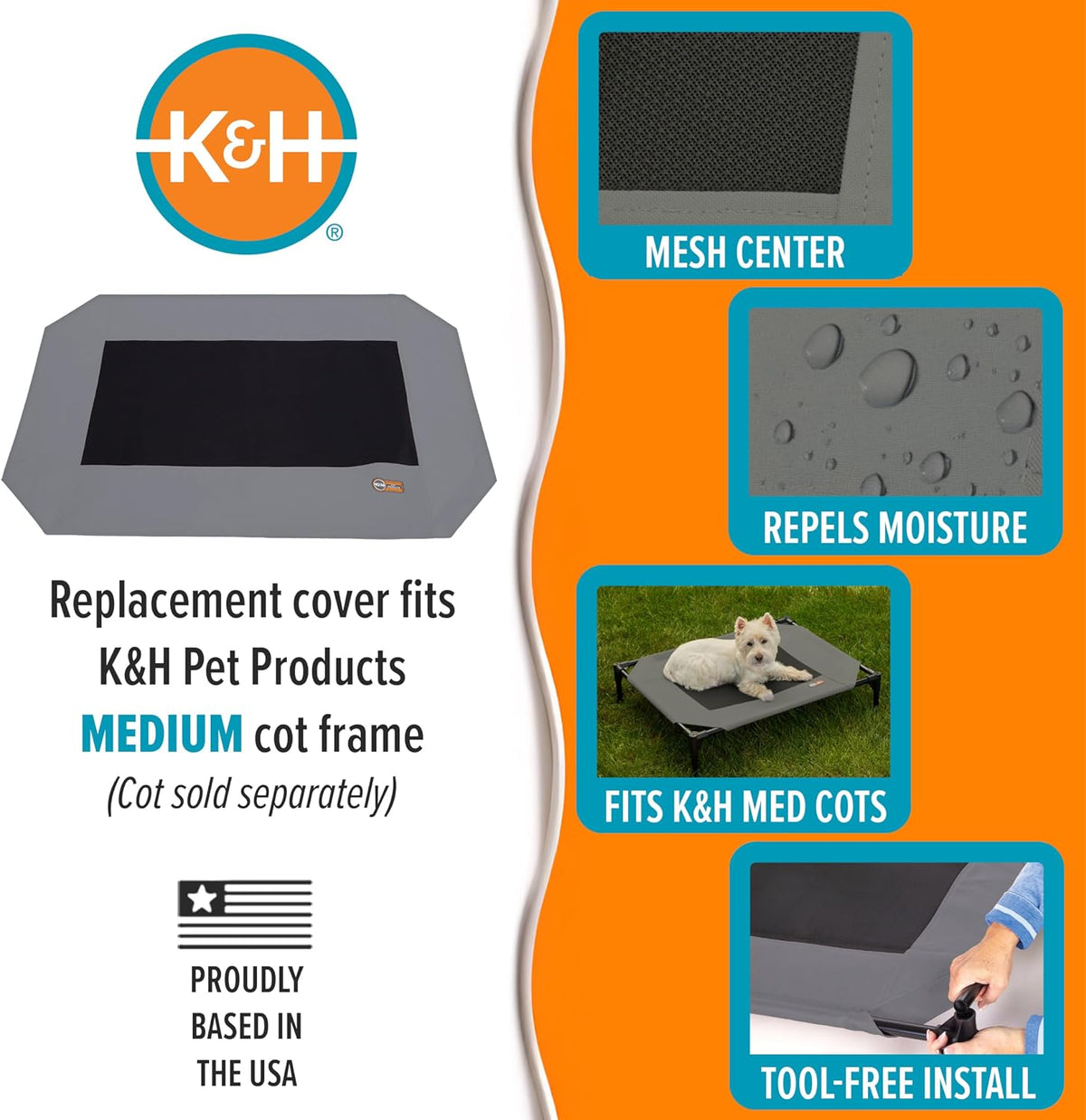 K&H PET PRODUCTS Original Pet Cot Replacement Cover (Cot Sold Separately) - Gray/Black Mesh, Medium 25 X 32 Inches