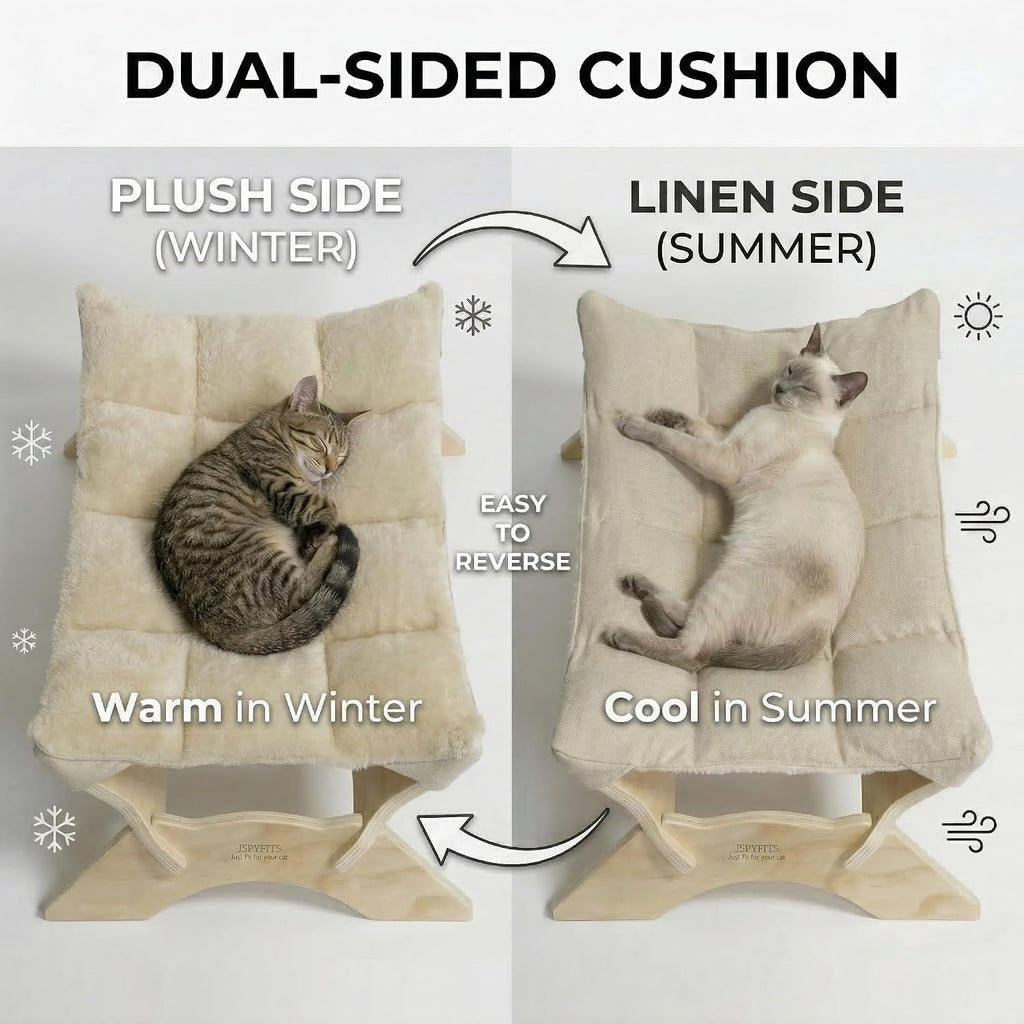 JSPYFITS Elevated Cat Bed Hammock, Raised Cat Bed with Dual-Sided Plush & Linen Cushion, Machine Washable & Breathable Cover Tool Free Easy Assembly, up to 66Lbs (Beige)