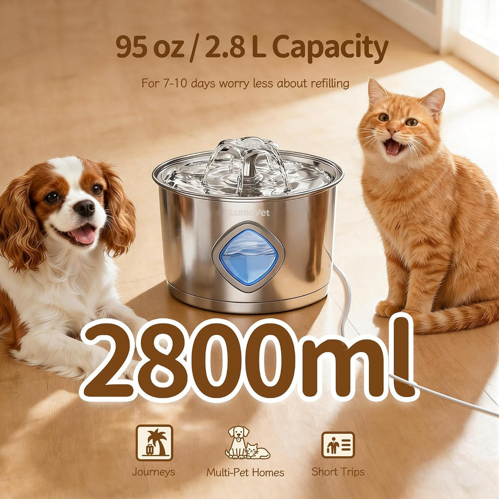 Cat Water Fountain Stainless Steel, 2.8L Quiet Dog Water Fountain