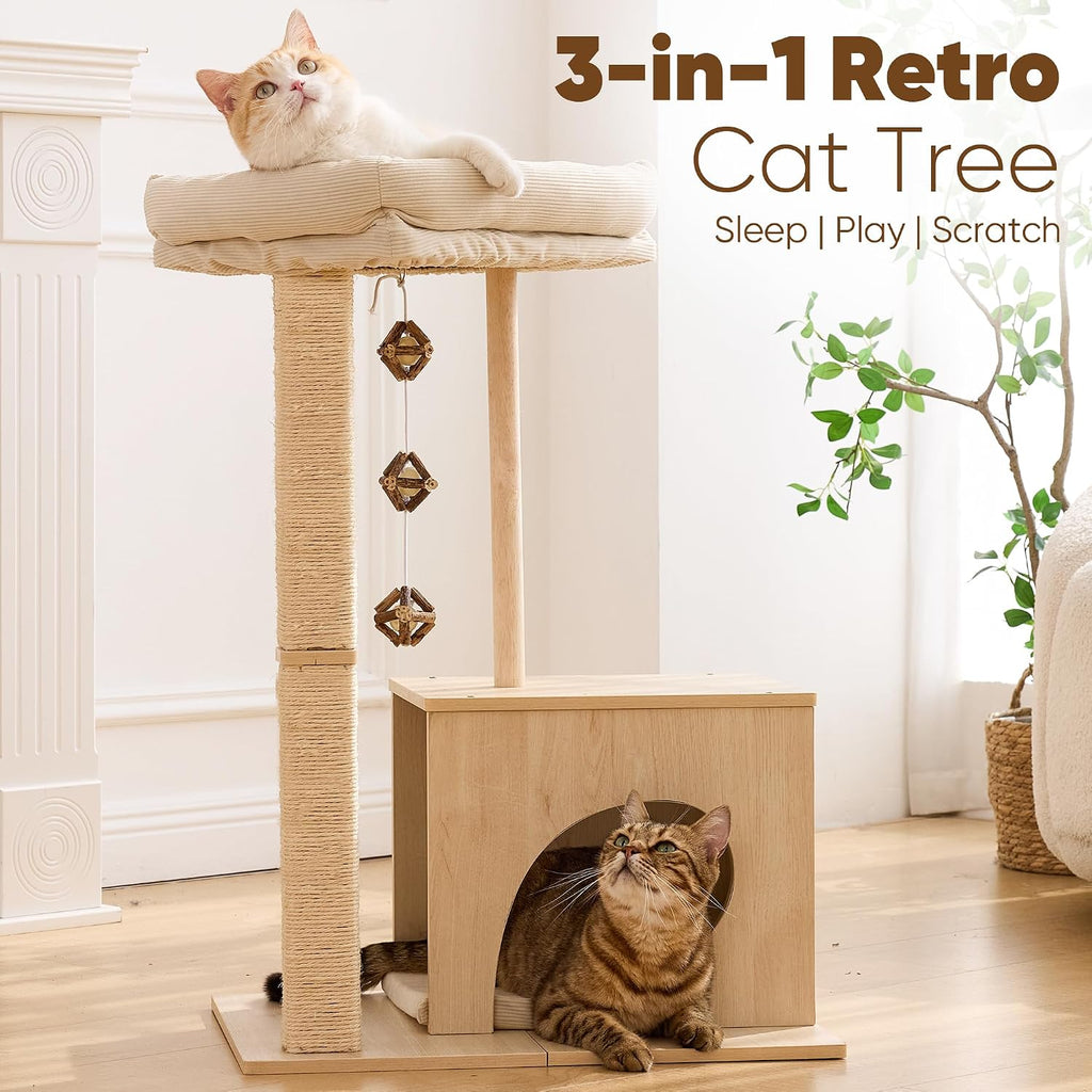 FUKUMARU Retro-Modern Cat Tree, Small Wooden Cat Tower with Post and Condo