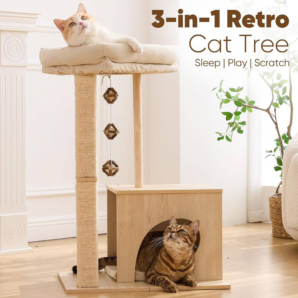 FUKUMARU Retro-Modern Cat Tree, Small Wooden Cat Tower with Post and Condo