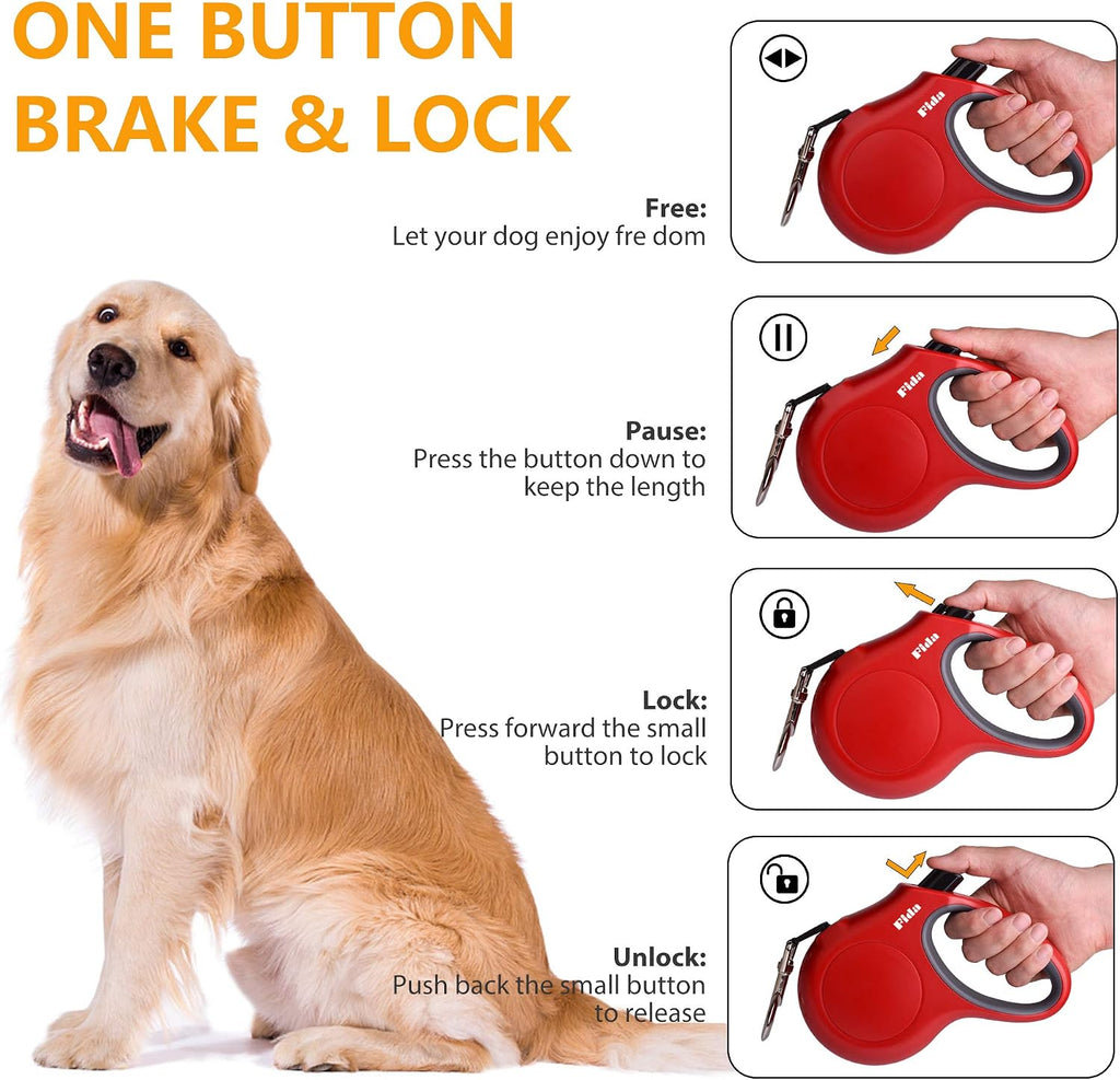 Fida Retractable Dog Leash with Dispenser and Poop Bags, 16 ft, Red