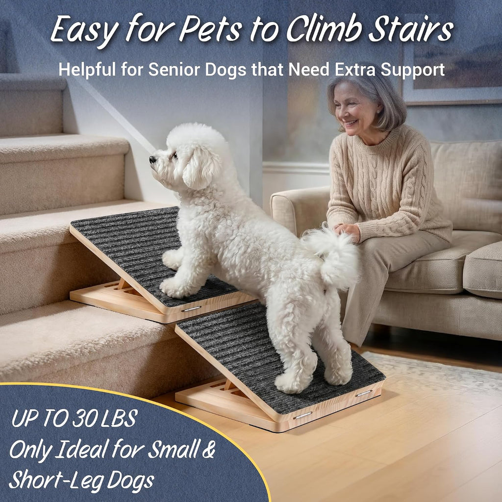 Dog Ramp for Stairs 3 Pack - Adjustable Wooden Stair Wedges for Small Dogs, Foldable Indoor Dog Stair Ramp with Triangular Support and Non-Slip Pads for Senior and Short-Legged Pets