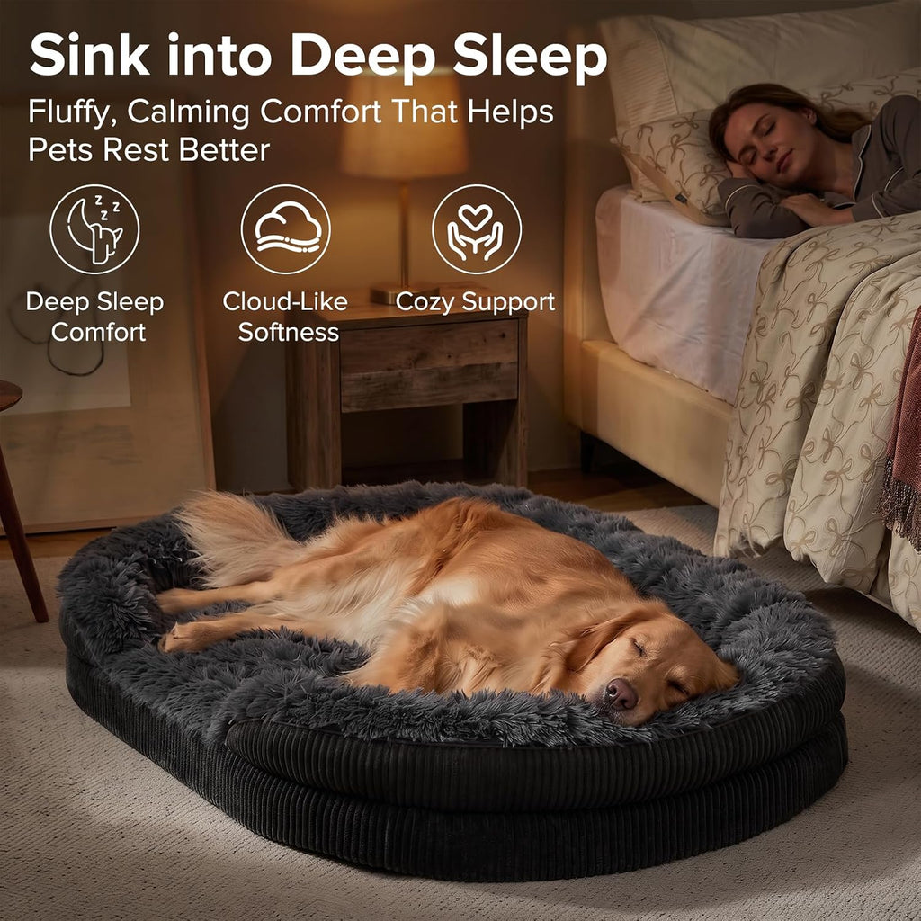 INVENHO Fluffy Orthopedic Dog Bed for Large Dogs, Egg-Crate Foam Bolster Sofa Bed with Washable Removable Waterproof Cover, Fluffy Plush Faux Fur Dog Bed with Non-Skid Bottom