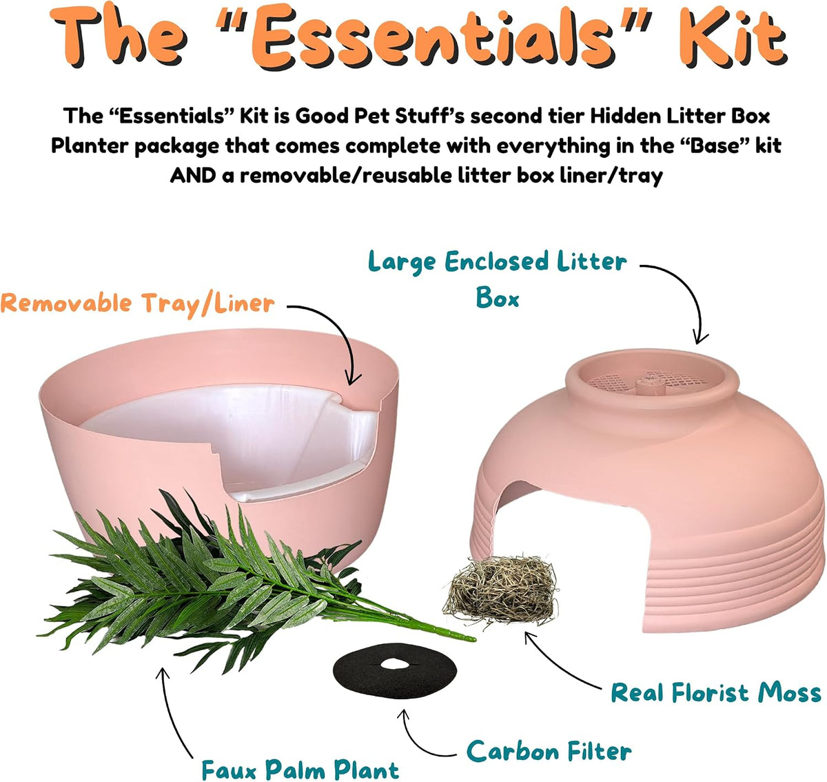 Good Pet Stuff Original Hidden Litter Box Planter, Decorative Cat Litter Enclosure, Carbon Filter, Faux Plant, Easy to Clean, Round Design, Removable Tray, Essentials Kit, Palm Plant, Blush Coral