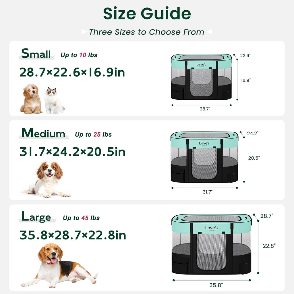 Love's Cabin Medium Dog Tent Crate, Portable Foldable Pop Up Dog Kennel Playpen with Carrying Case (Green)