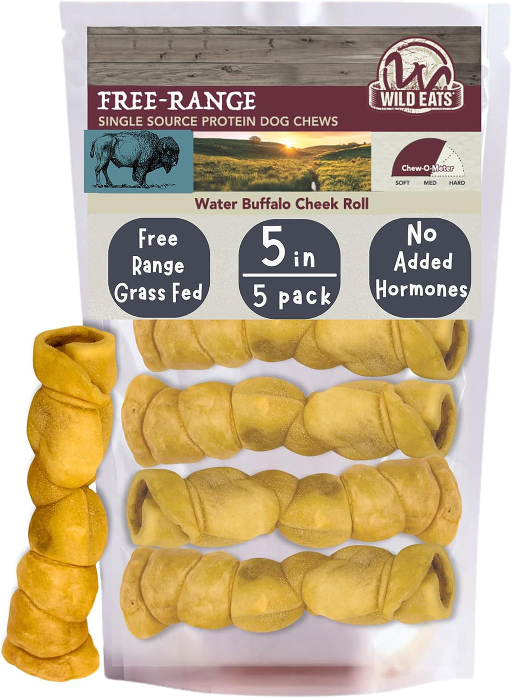Wild Eats Water Buffalo Retriever Style Cheek Rolls Dog Chews, Pack of 5, 1.05lbs, for All Dog Breeds