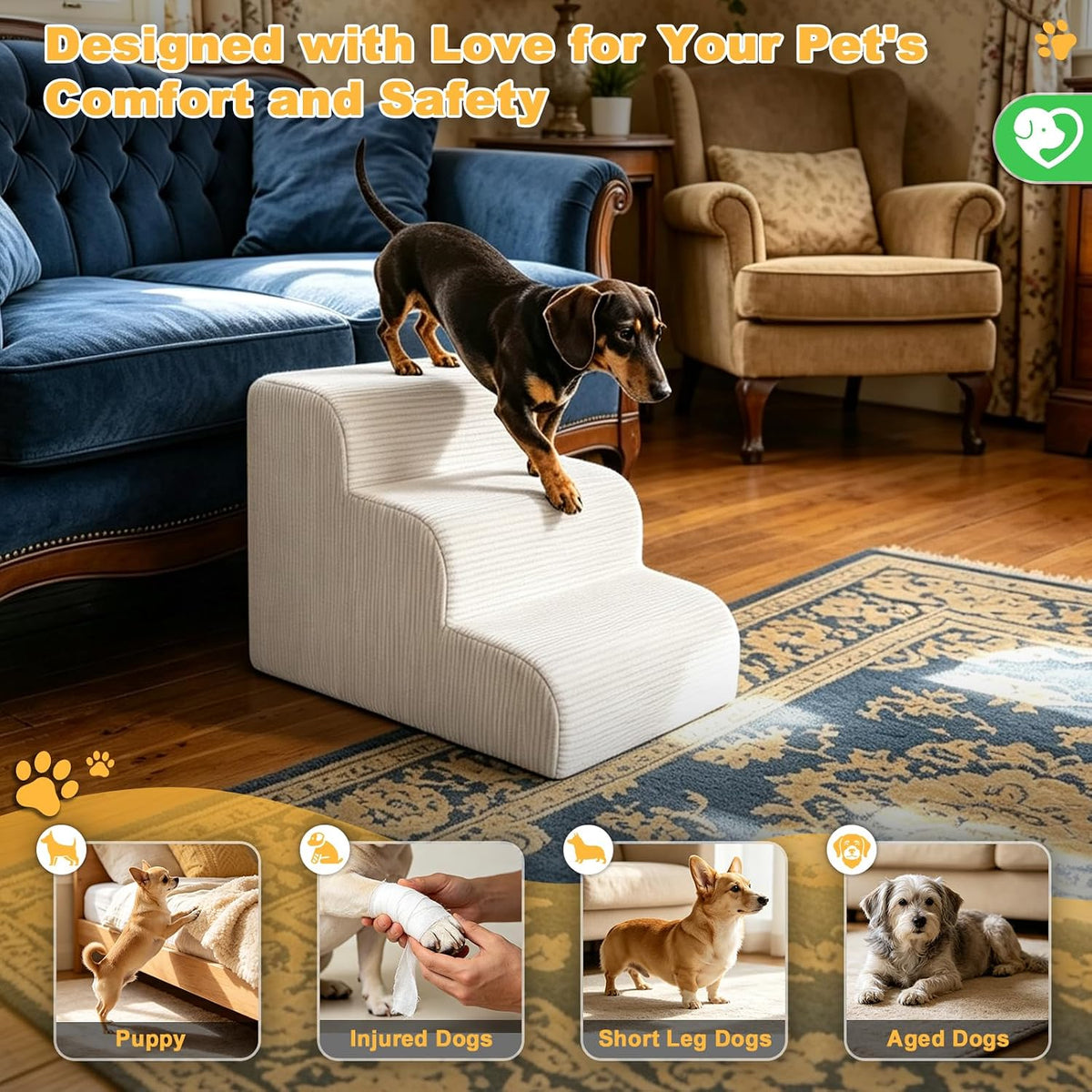 Dog Stairs for Small Dogs, 3-Steps Pet Ramp for Couch Bed, 15" H