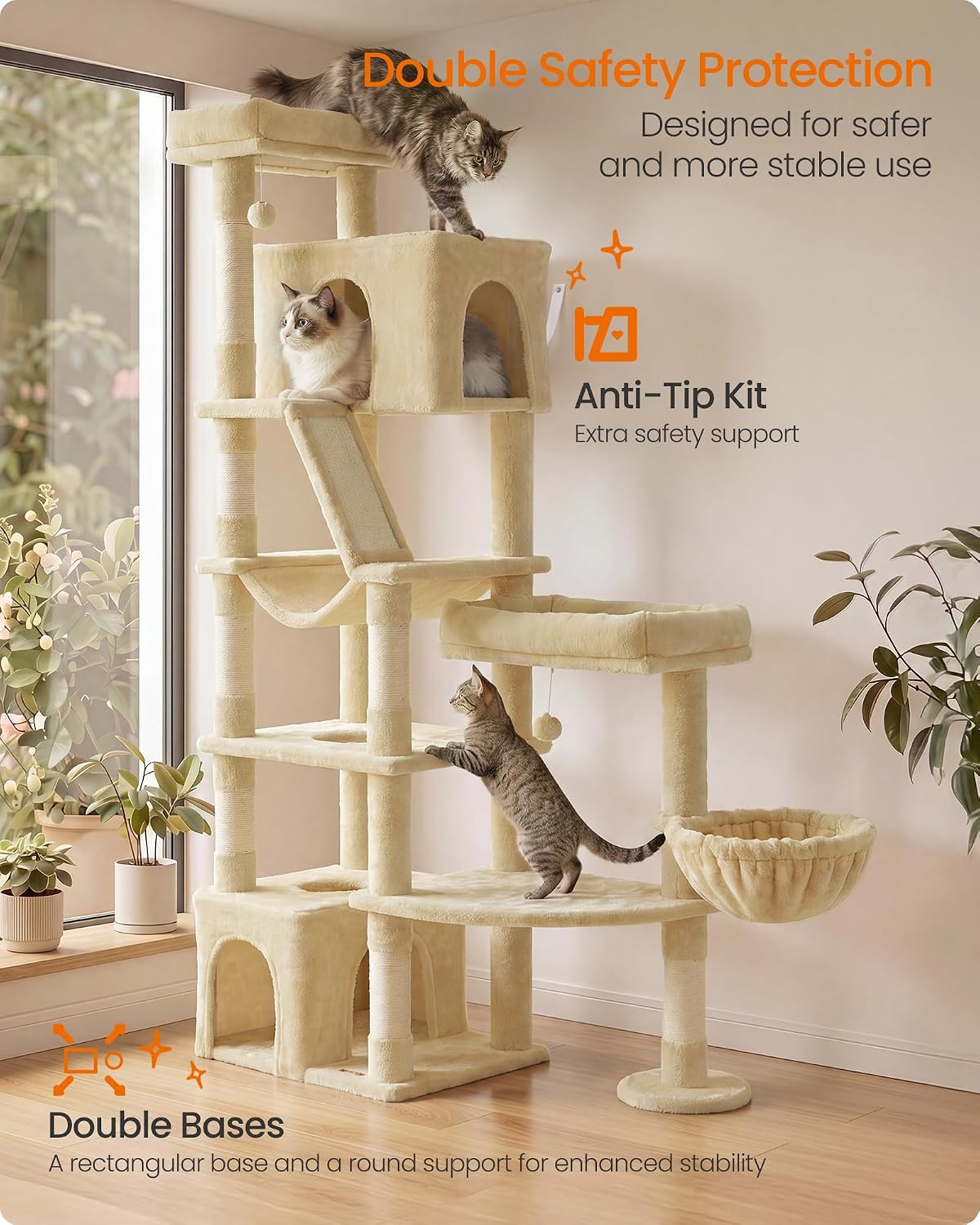 Feandrea Cat Tree, 74.1" Heavy Duty Cat Tower Condo for Indoors, Beige