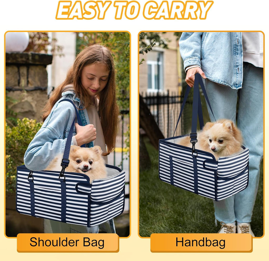 Portable Dog Car Seat for Small Dogs, Puppy Car Seat, Blue Stripes