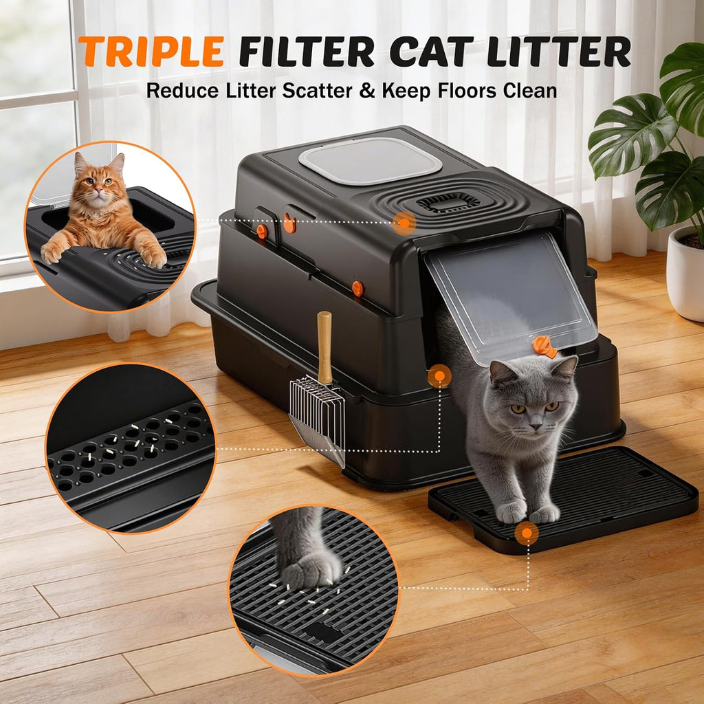Stainless Steel Litter Box with Lid: XL Extra Large Cat Litter Box for Big Cats, Enclosed Kitty Litter Boxes with Drawer, High Sided Metal Cat Box with Scoop, Front & Top Entry, Odor Free, Non-Stick