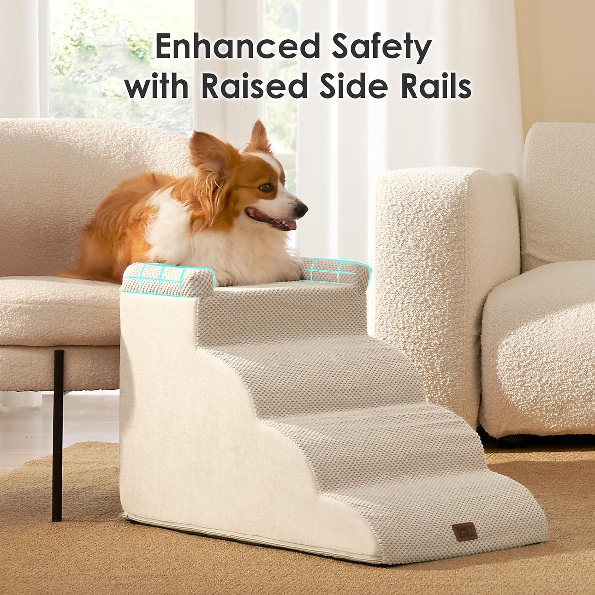 EHEYCIGA 4-Step Curved Dog Stairs for Beds 17.6" H, Beige