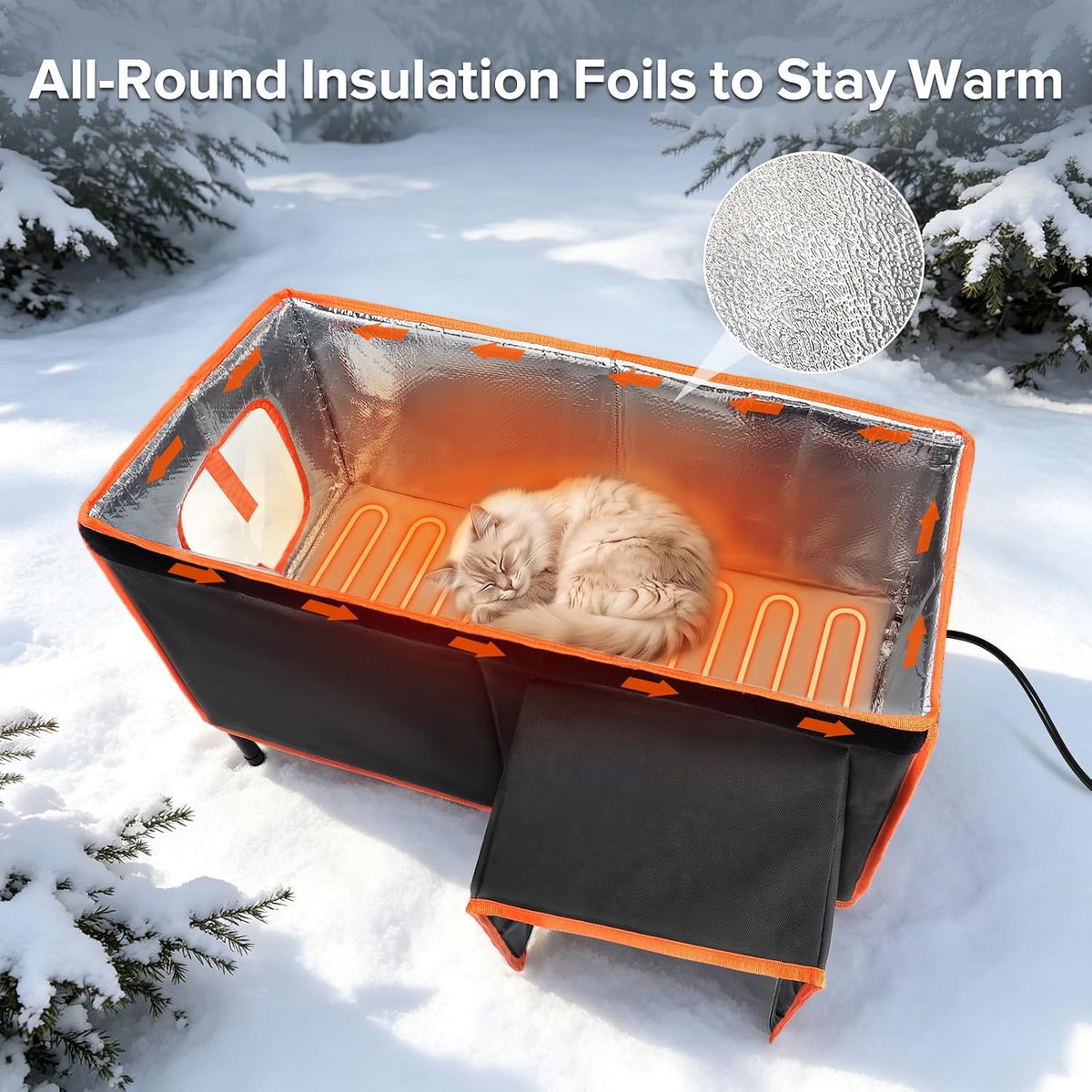 Heated Cat House for Outside in Winter, Weatherproof Outdoor Cat House with Cat Heating Pad, Waterproof &Safe Escape Door, Insulated Cat Shelter with Heater for Feral Barn Cats Kitty (Black, L)