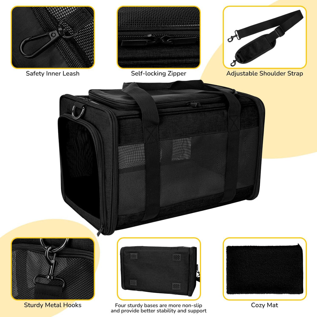 Hipubby Large Cat Carriers Dog Carrier Pet Carrier for Cats Dogs Puppies up to 25Lbs, Big Dog Carrier Soft Sided, Airline Approved Pet Carrying Case with Shoulder Strap & Removable Mat - Black