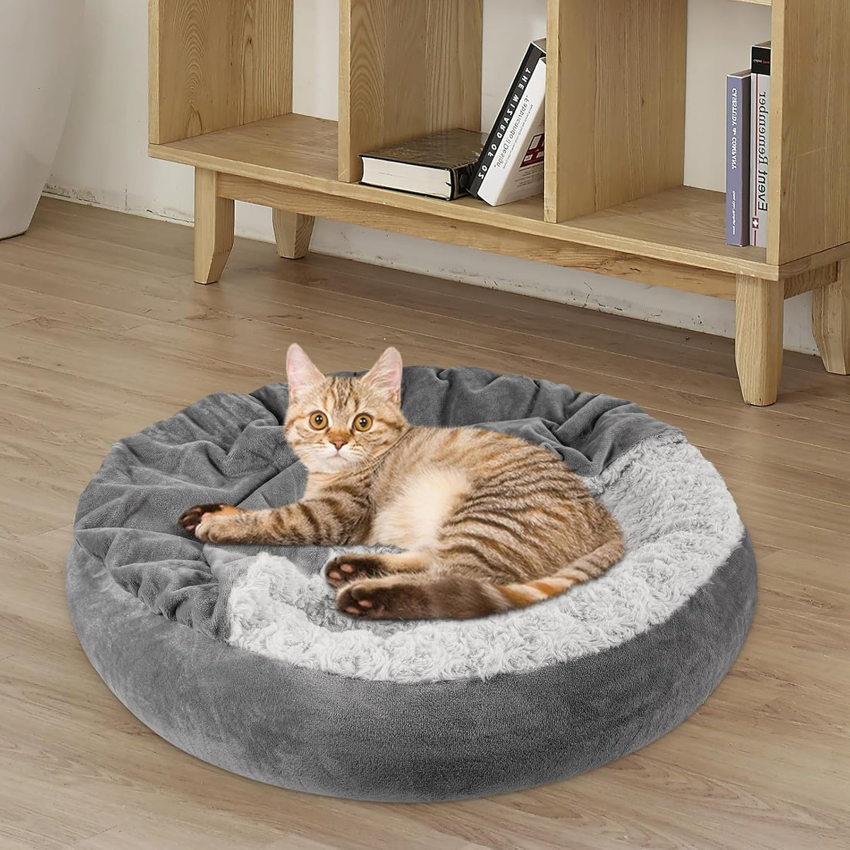 JOEJOY Small Dog Bed Cat Bed with Hooded Blanket, Cozy Cuddler Luxury Puppy Pet Bed, Donut Round Calming Anti-Anxiety Dog Burrow Cave Bed - Anti-Slip Bottom and Machine Washable 23 inch