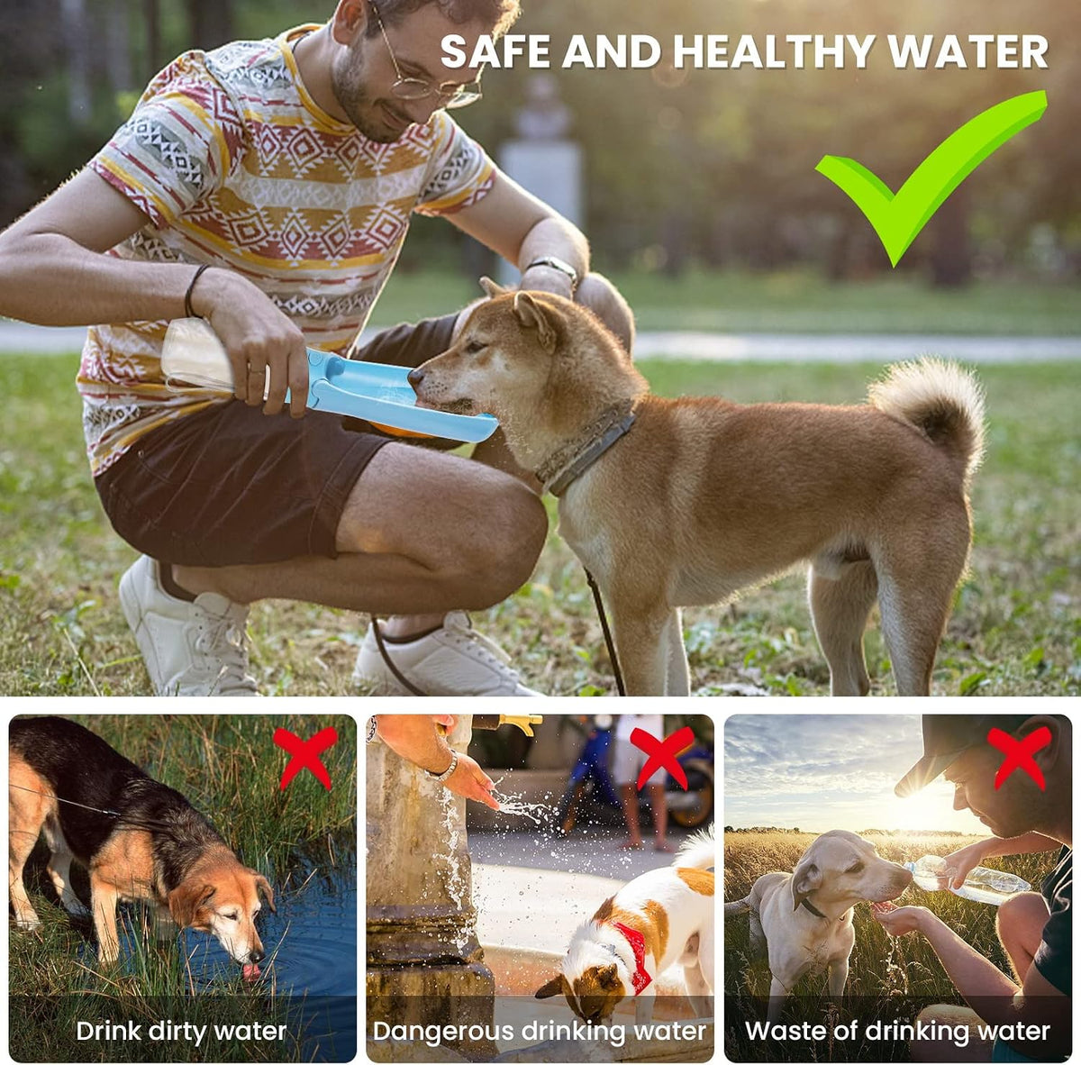 Foldable Dog Water Bottle, Leak Proof Dispenser, SkyBlue, 19oz | Portable Water Dispenser, Dishwasher Safe, for Puppy Small Medium Large Dogs, Pet Drink Cup for Walking Hiking Traveling