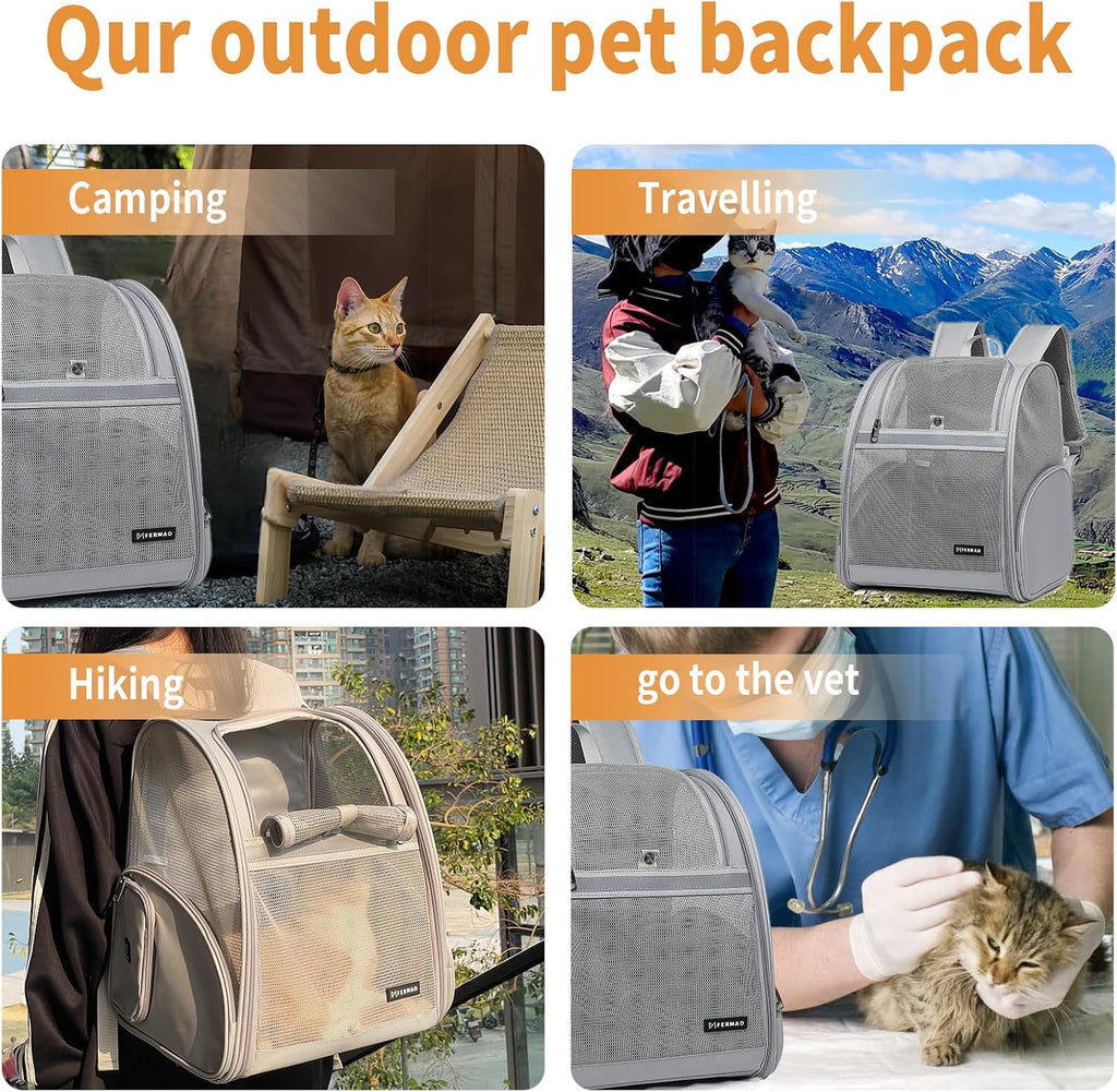 Cat Backpack Carrier for Small Dogs and Medium cat Puppy Kitten Bunny Pet Carrier Backpack Collapsible with Fully Ventilated Mesh with Safety Leash (Gray, 12.9" L x 10.62" W x 15.5" H - M)