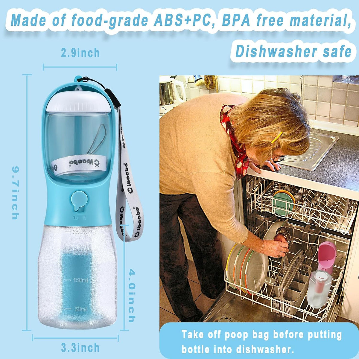 Cibaabo Dog Water Bottle with Food Container & Poop Bag Holder & Filter | Feeding & Hydration & Waste All in One | Travel Puppy Water Bowl | Portable Pet Dispenser | Girl Dog Accessories for Walking