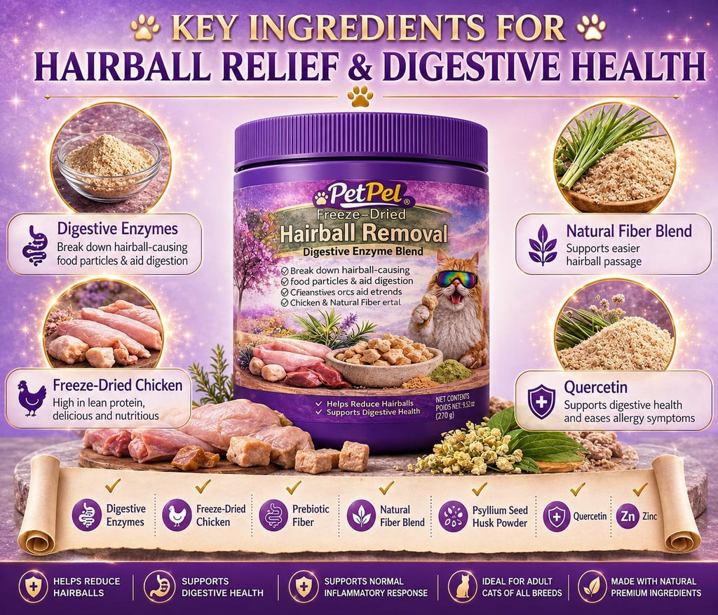 Freeze-Dried Hairball Removal Cat Treats - Digestive Enzyme Blend with Chicken & Natural Fiber, Supports Digestive Health & Reduces Hairballs