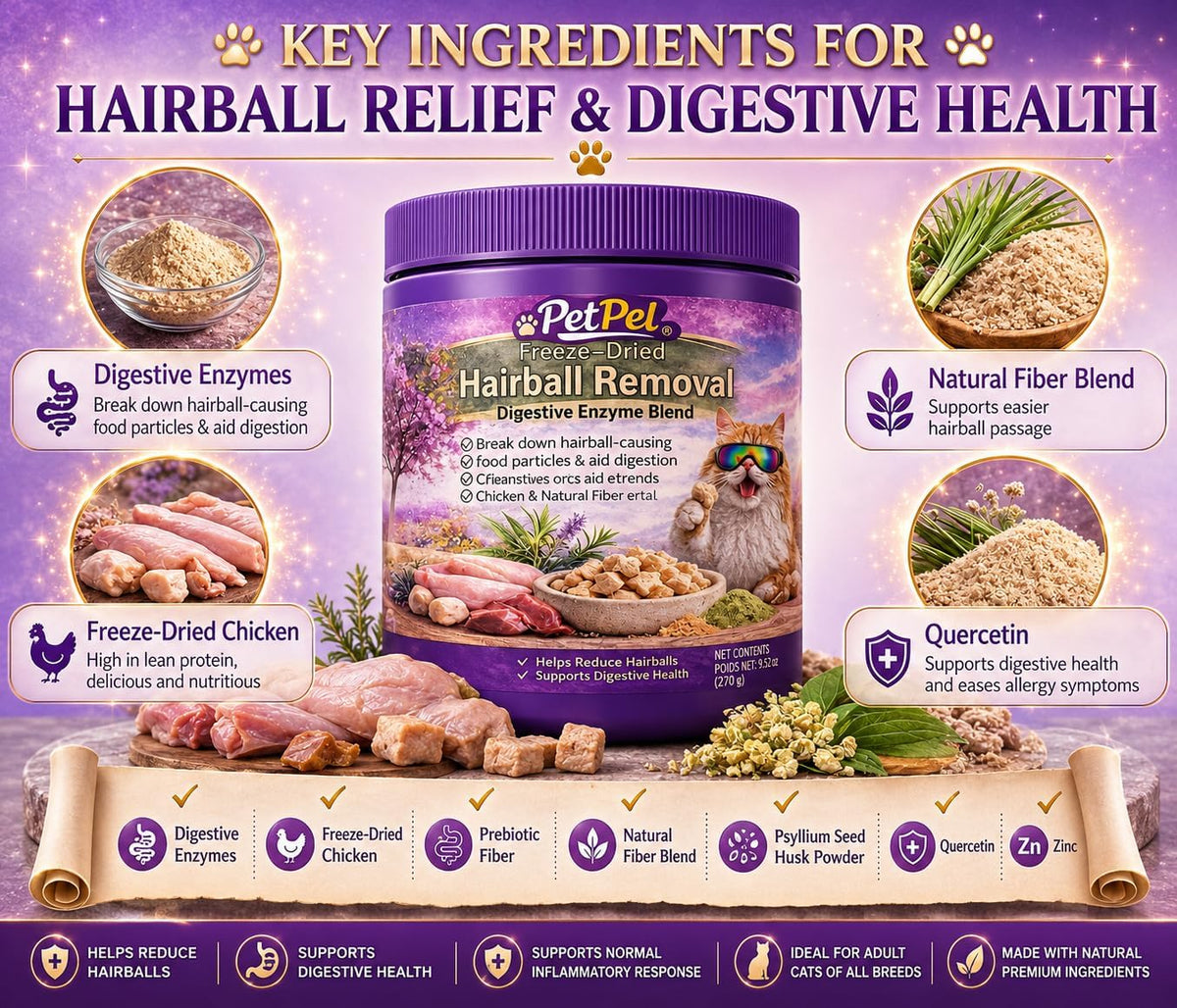 Freeze-Dried Hairball Removal Cat Treats - Digestive Enzyme Blend with Chicken & Natural Fiber, Supports Digestive Health & Reduces Hairballs