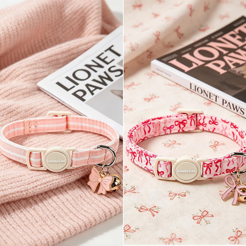 LIONET PAWS 2 Pack Breakaway Girl Cat Collars, Cute Soft Cotton Pink Bow & Stripe Kitten Collars with Bell for Girly Female Cats