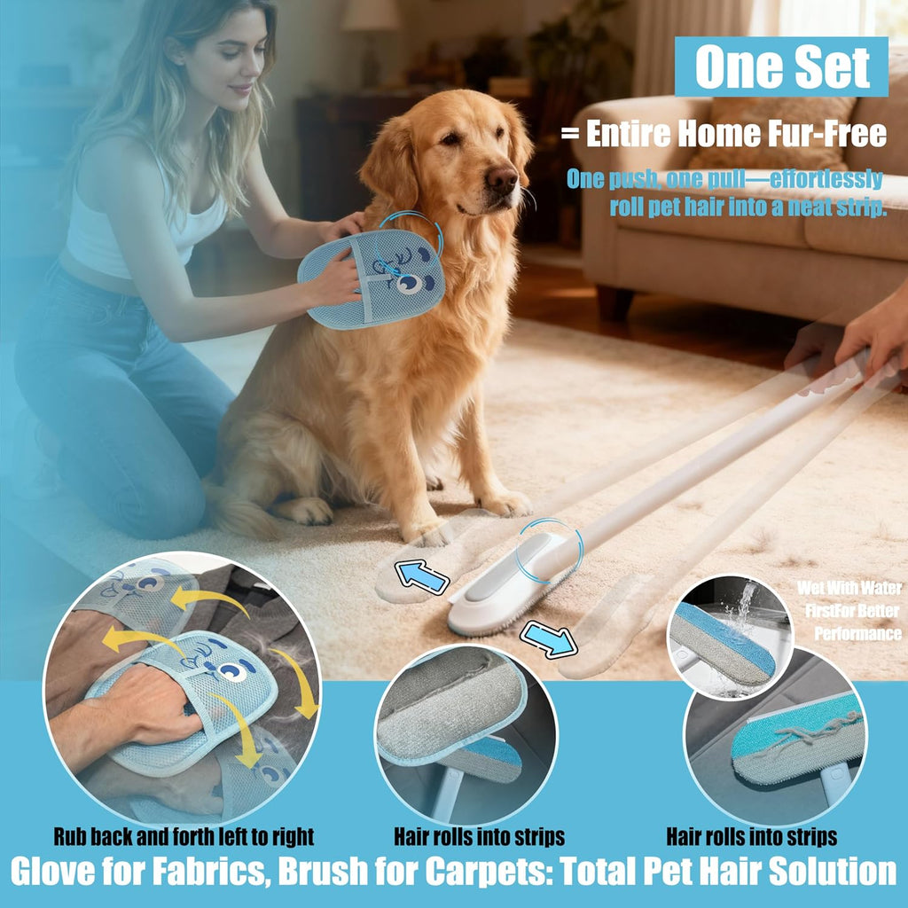 Pet Hair Remover Set, Magic Brush 4-in-1 Extended Handle & Electrostatic Glove for Cat Dog, Carpet Furniture Car Seats