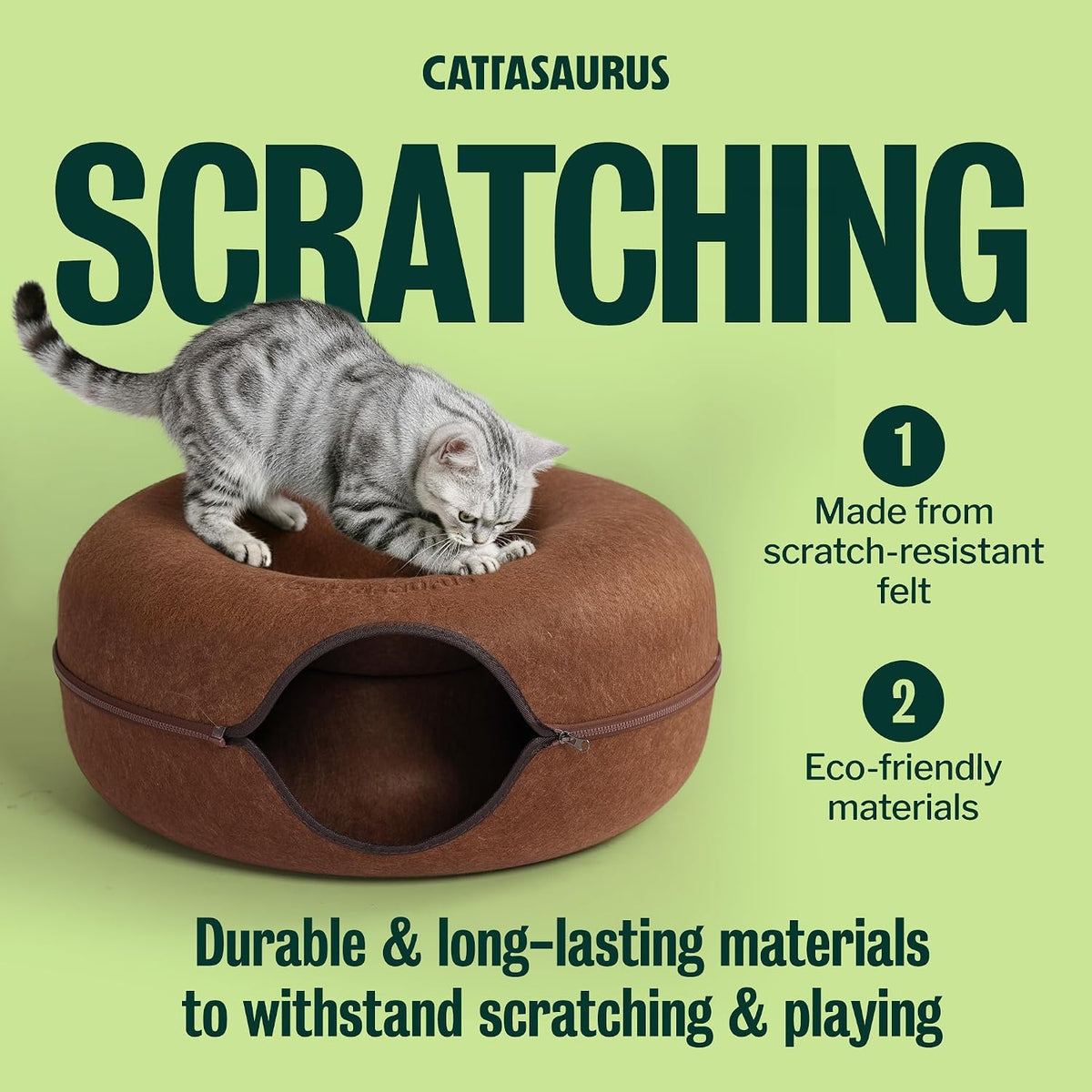 Cattasaurus Peekaboo Cat Cave Donut for Multiple & Large Cats up to 30-45 lbs, 3-in-1 Self Warming Cat Bed, Tunnel & Scratcher for Indoor Cats, Washable & Detachable Small Dog Bed (Brown, Large)
