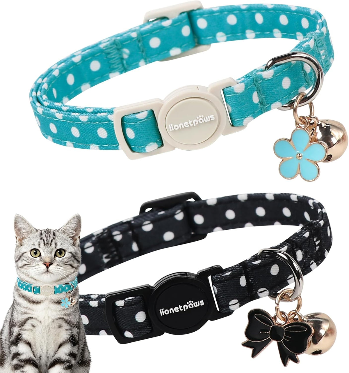 lionet paws 2 Pack Cat Collar Breakaway with Bells-Black & Teal