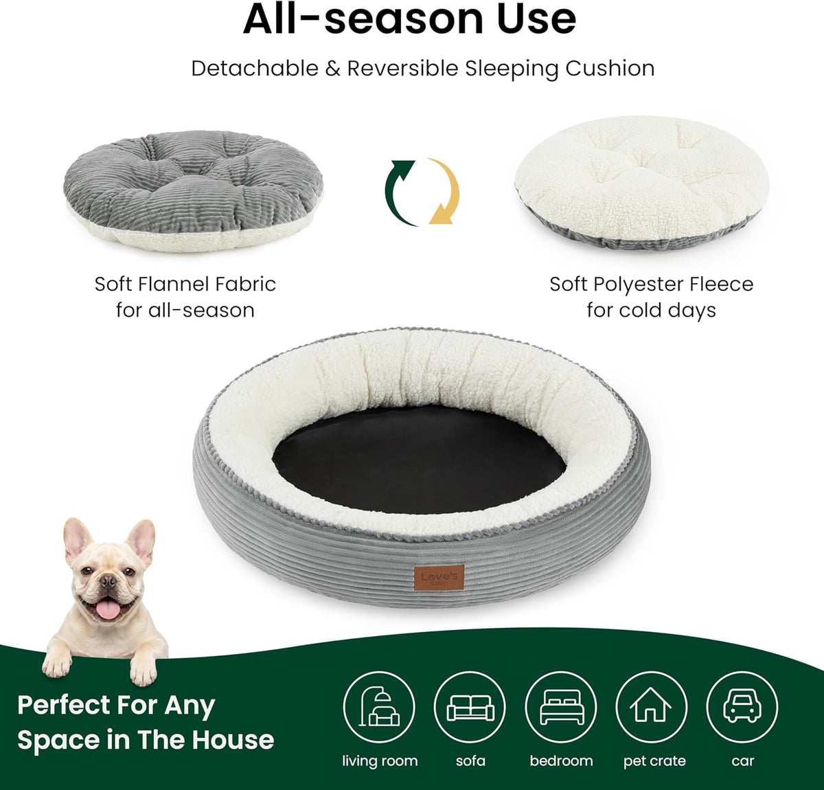 Love's cabin Round Donut Cat and Dog Cushion Bed, 30in Pet Bed for Medium or Large Dogs, Anti-Slip & Water-Resistant Bottom, Soft Durable Fabric Pet Beds, Washable Calming Cat Bed, Light Grey
