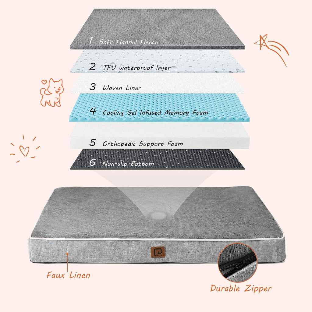 EHEYCIGA Large Washable Dog Crate Bed with Memory Foam, 35x23Inch, Grey