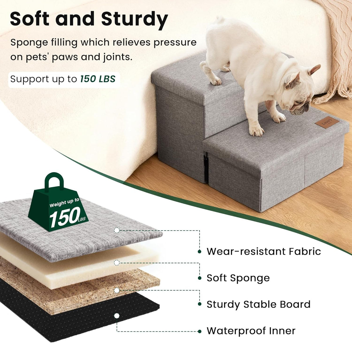 Love's cabin Dog Stairs for High Bed, Foldable Pet Stairs for Small Medium or Large Dogs Puppy with Storage for Bed or Couch, Cat Dog Steps Ramp with Zip up to 200 lbs, Solid Grey, 2 Steps