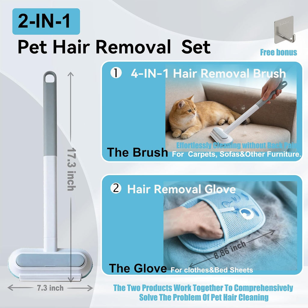 Magic Pet Hair Remover Brush Set for Dogs & Cats, 4-in-1 Hair Removal Tool, Hair Glove, Metal Hook for Furniture, Couch & Car Seats