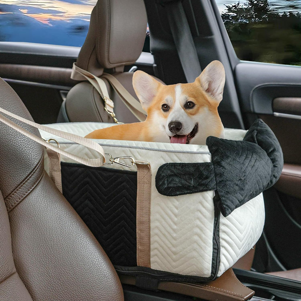 Dog Car Seat for Small Dogs Adjustable Portable Center Console Dog Car Seat Removable Cat Booster Cars Seats - Safety Belt with Cushion Anti-Collapse for Puppy Kitten Up to 15 Lb