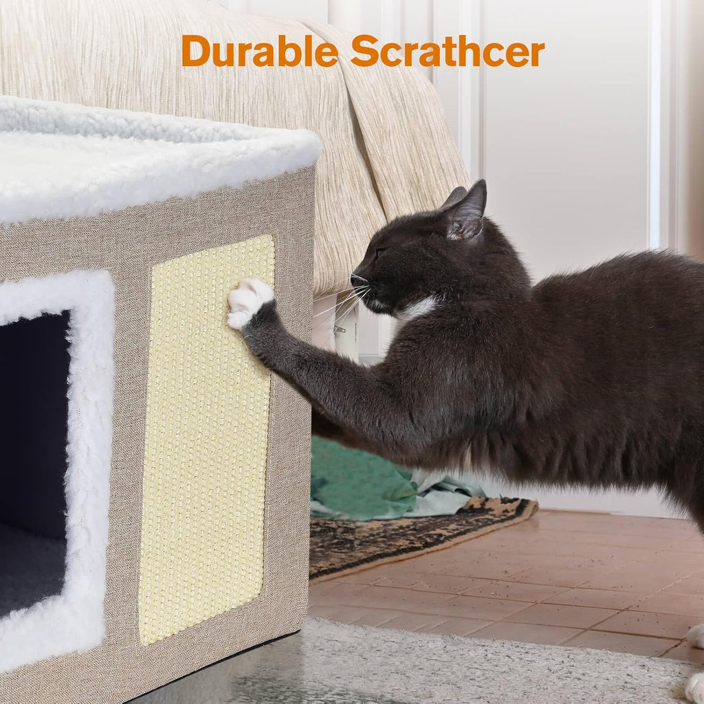 petizer Cat Bed for Indoor Cats, Large Covered Cat House with Scratch Pad, Foldable Cat Cave Bed & Hideaway Cube with Reversible Cushions, Cute Cat Condo for Multi Small Pet Kitten (Khaki)