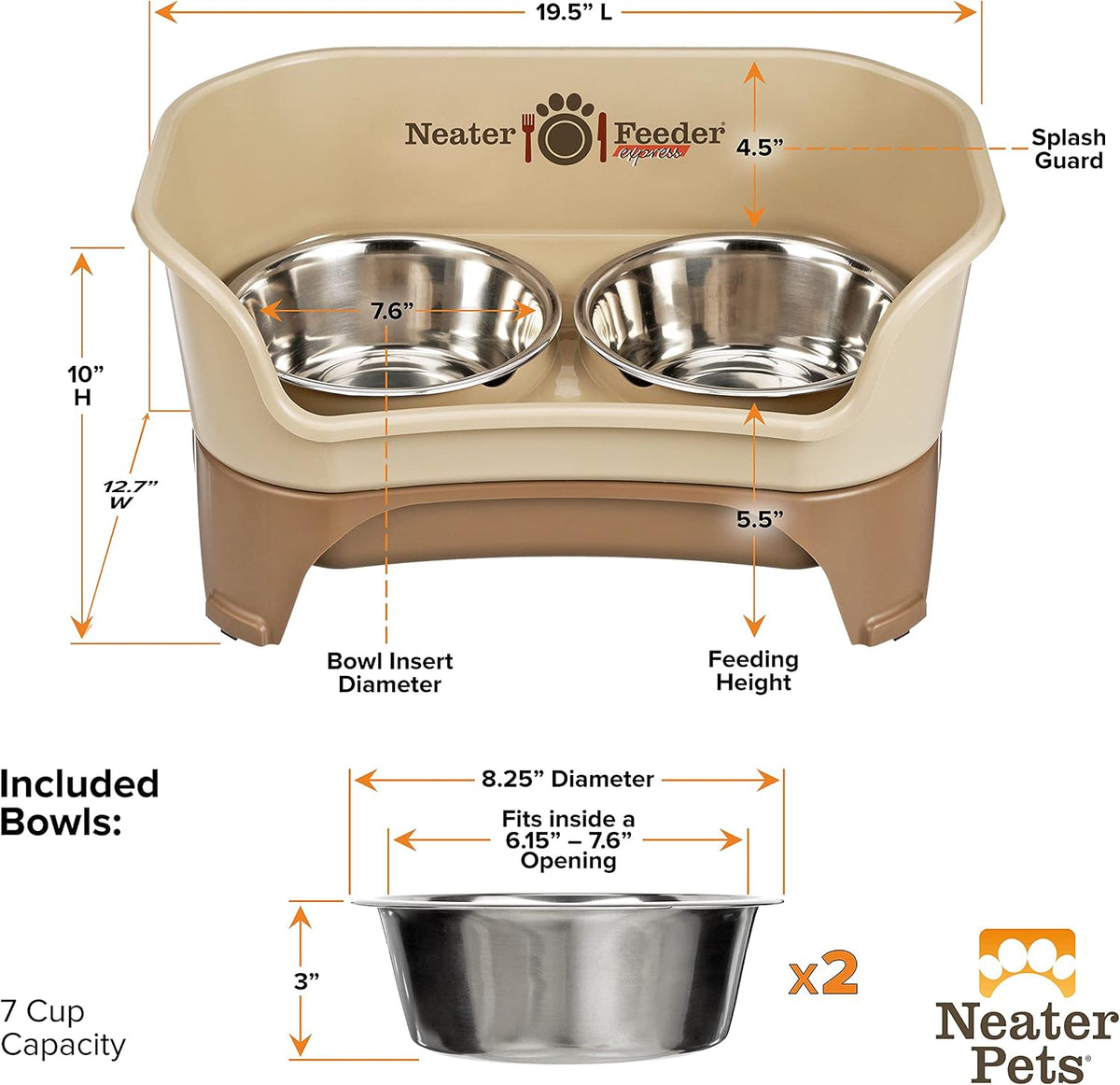 Neater Feeder Express Mess Proof Dog Bowls Elevated for Medium to Large Sized Breed, No Spill Raised Dog Food Bowl Stand, Stainless Steel Food and Water Bowl Set, Pet Dish Feeding Station, Cappuccino 