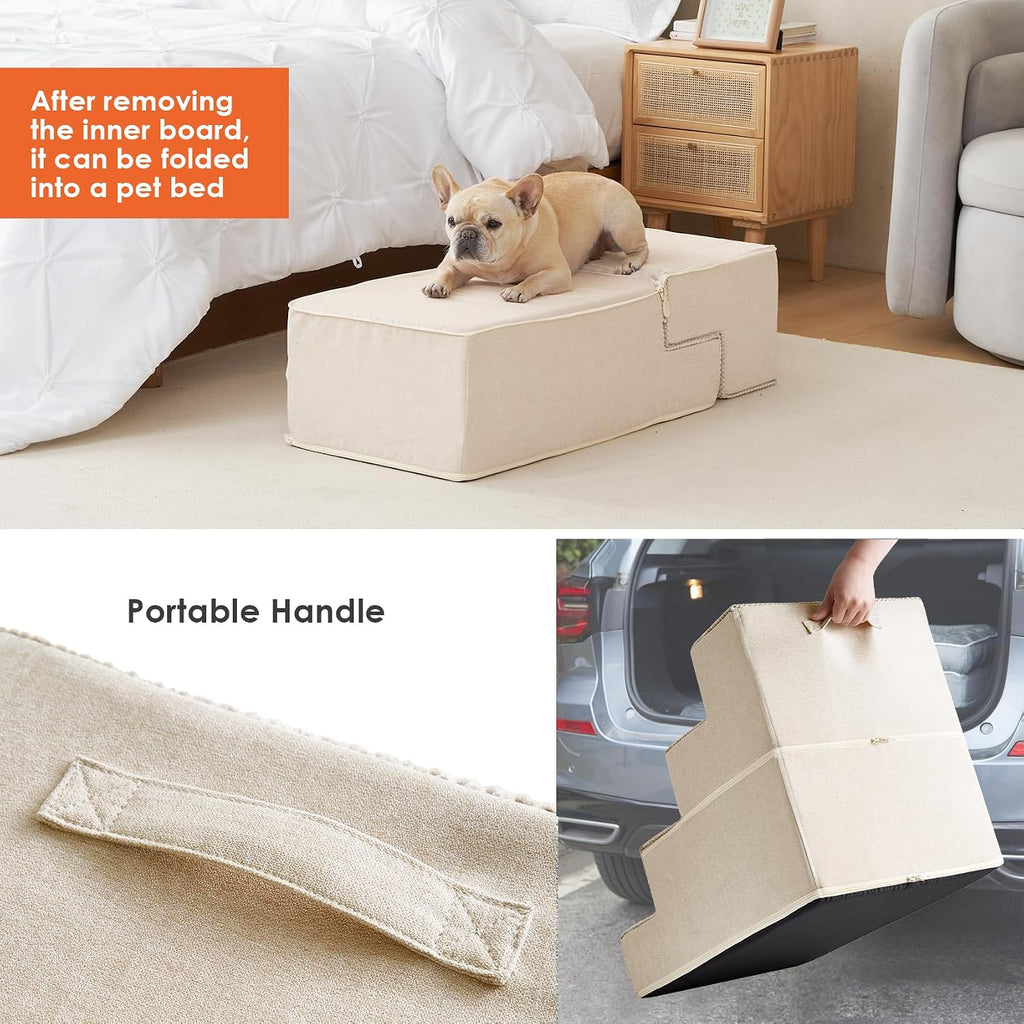 EHEYCIGA Dog Stairs for Bed 20" H, 4-Step Extra Wide Dog Steps, Beige