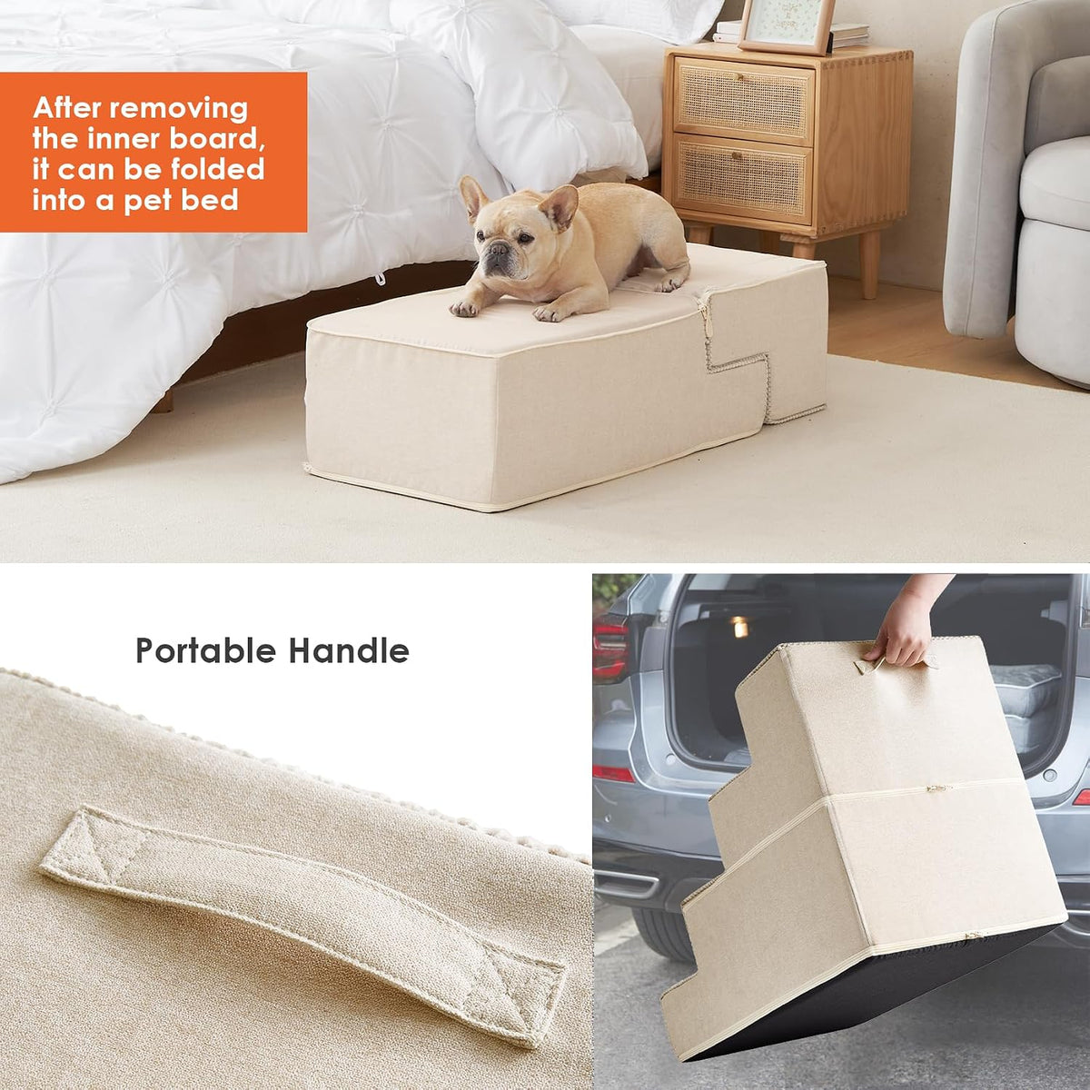 EHEYCIGA Dog Stairs for Bed 20" H, 4-Step Extra Wide Dog Steps, Beige