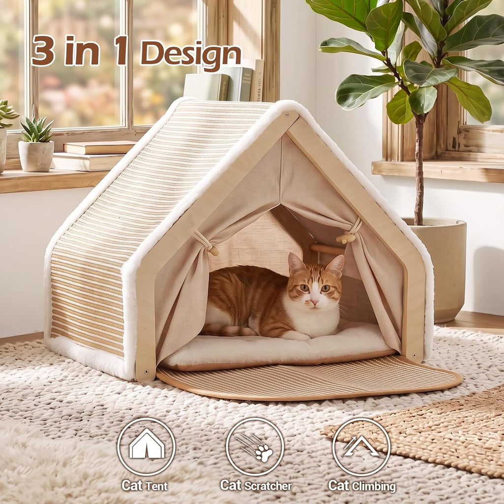 Cat Cave Bed with Jute Scratcher, Wood A-Frame Cat Tent House