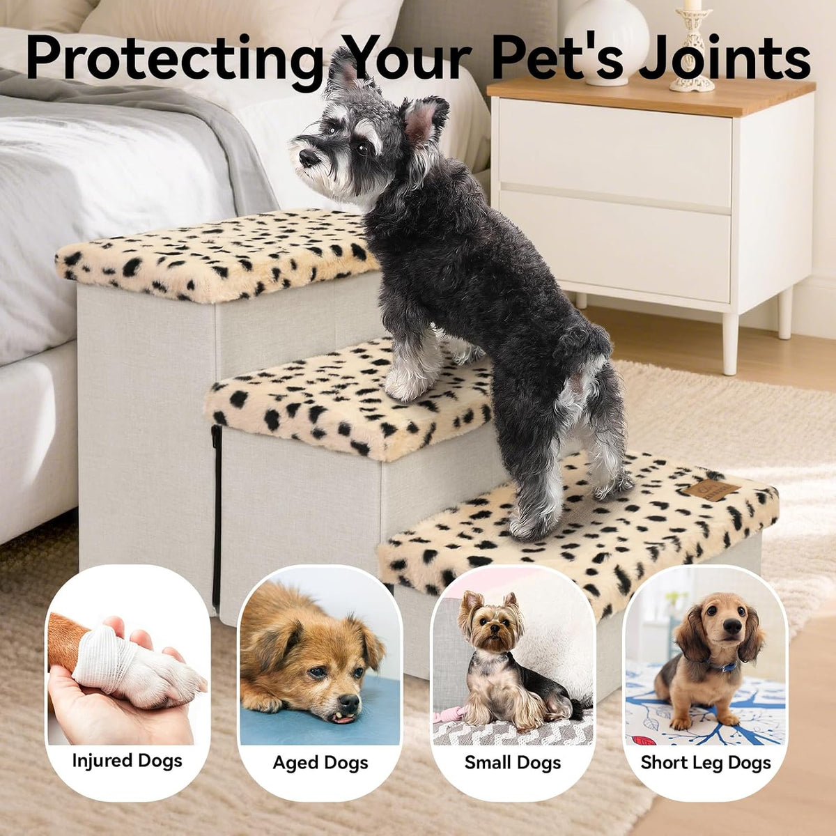 Zerbuger Dog Stairs with Storage, Beige Leopard 3 Steps Dog Ramp no Condo