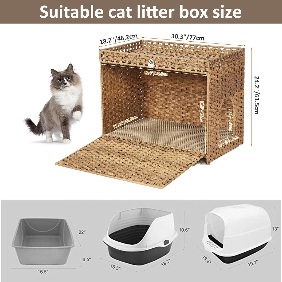 Cat Litter Box Enclosure with Door, Hidden Cat Washroom Furniture | Handwoven PP Wicker; Soft Litter Mat Included; Spacious Interior; Furniture-Style Design; Indoor Home Décor