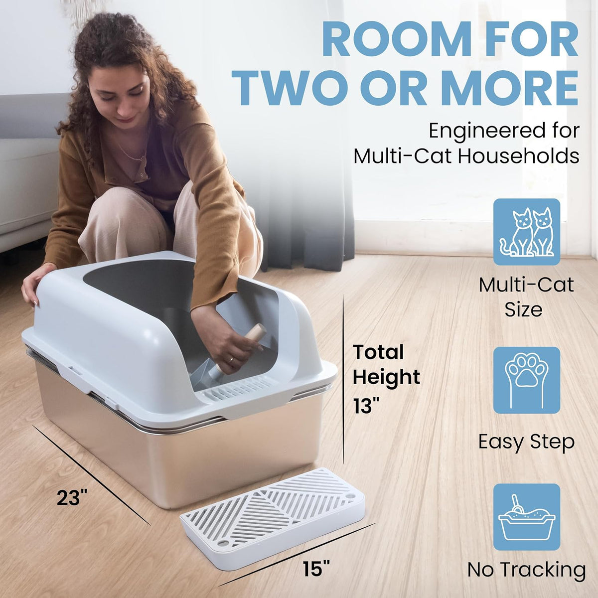 XL Stainless Steel Sifting Cat Litter Box with High Sides and Odor Control | Metal Cat Litter Box With Sifting Tray, Anti-Urine Splash Guard, Non-Slip Feet, Entry Step And Scoop Holder For Clean Homes