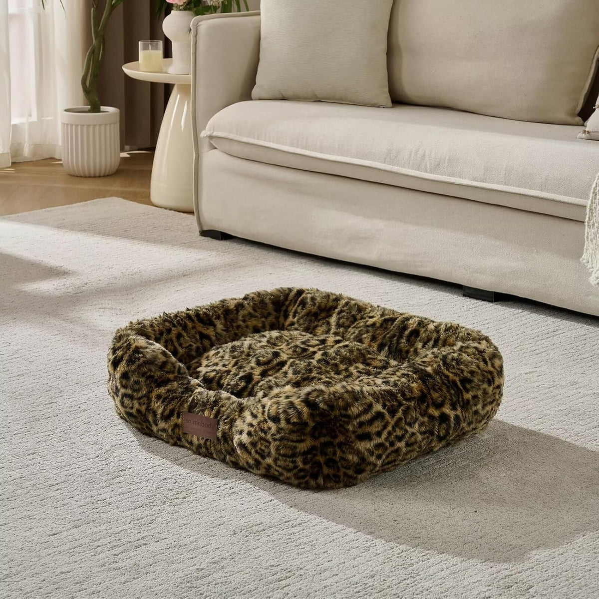 Washable Orthopedic Dog Bed,Rectangle Fleece & Luxury Pet Bed with Removable Zipper Cover & Anti-Slip Bottom,Suitable for Medium Large Dogs,30x25x7.5inches,Leopard Brown