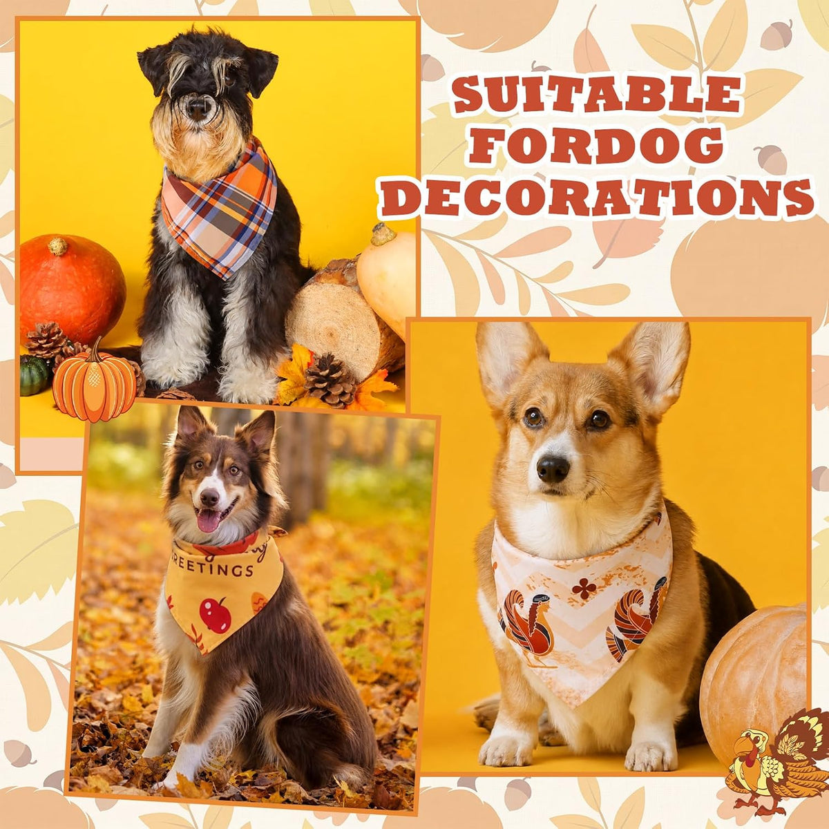 Huhumy 100 Pcs Thanksgiving Dog Bandanas Bulk Turkey Pumpkin Dog Bandanas