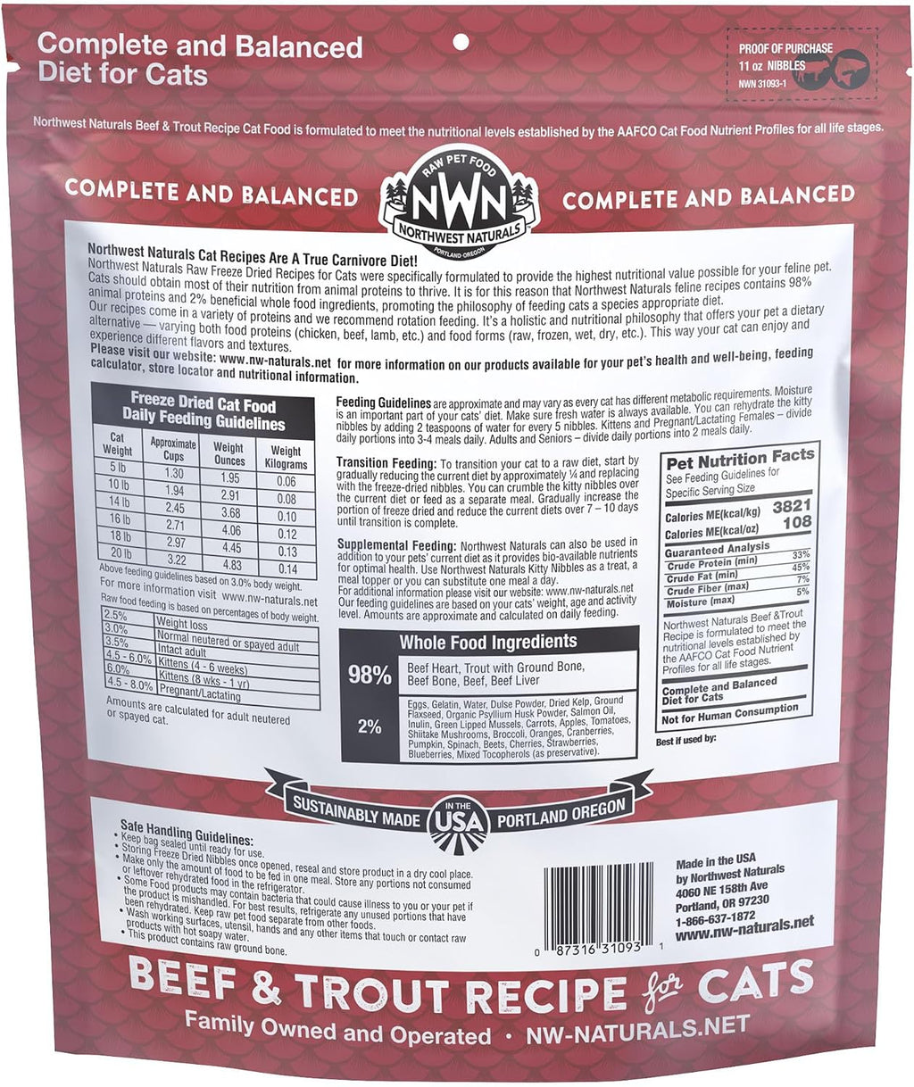 Northwest Naturals Freeze-Dried Beef & Trout Cat & Kitten Food – Bite-Sized Nibbles – Healthy, Limited, Human-Grade Ingredients, All-Natural, High-Protein Diet – Complete & Balanced, 11 oz (Pack of 3)