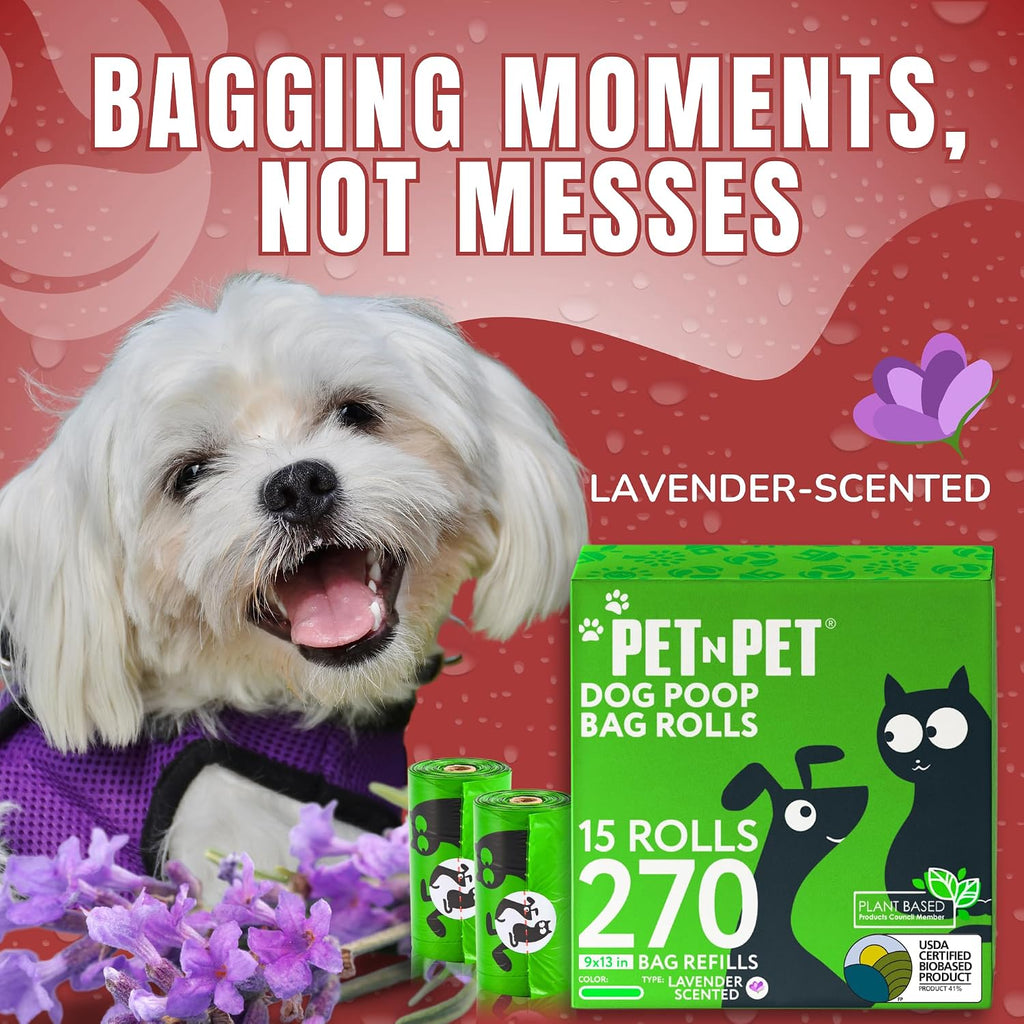 Pet N Pet Dog Poop Bags Rolls, 270 Count, Lavender Scented, Plant Based | Green, 270 Counts, Rolls, Waste, Bag, Leak-Proof, Tear-Resistant, Easy-Tear Design, Durable, Reliable, Strong, dog waste bags
