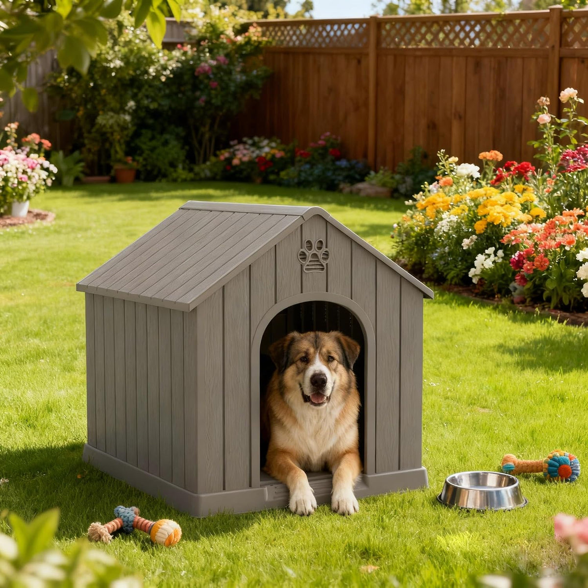 Bifanuo Dog House for Outdoor & Indoor, Waterproof Puppy Shelter with Air Vents & Elevated Floor, Easy Assemble Sturdy Dog Kennel for Large Dogs (Grey, 38''L×36.2''W×38''H)