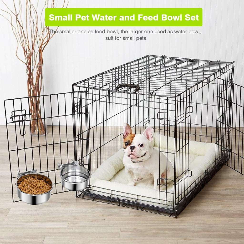 2 Pcs Stainless Steel Small Dog Crate Food Water Bowl, 19 & 12 OZ | Non-Spill, Detectable, Hanging Cage, Feeder Dish with Clamp Holder for Small Pets, Size 4.7x1.9'' & 3.9x1.7''
