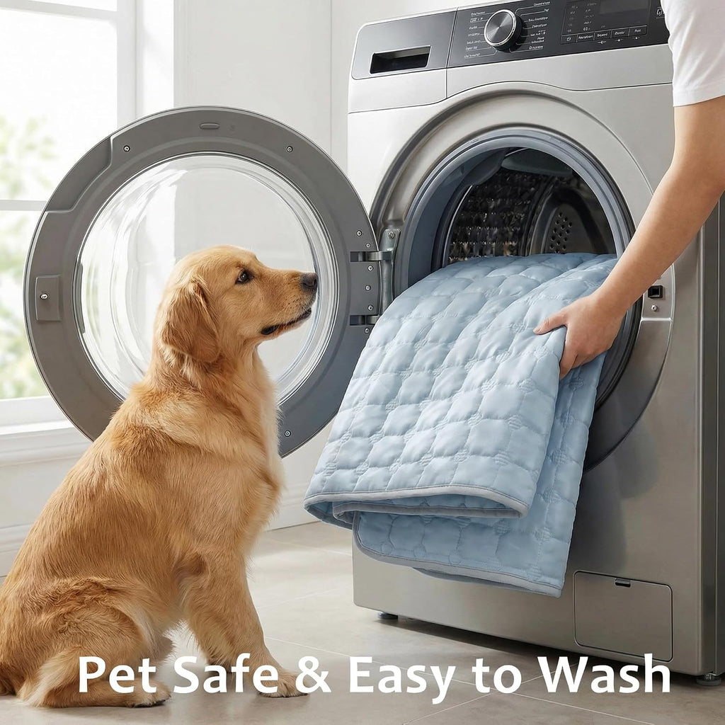 FunFurry Cooling Mat for Dogs，44"X32" Extra Large Pet Pad，Q-Max>0.5 Rapid Cooling Dense Weave Fabric，Washable Kennel Mat with Non-Slip Bottom (Light Blue, XL)
