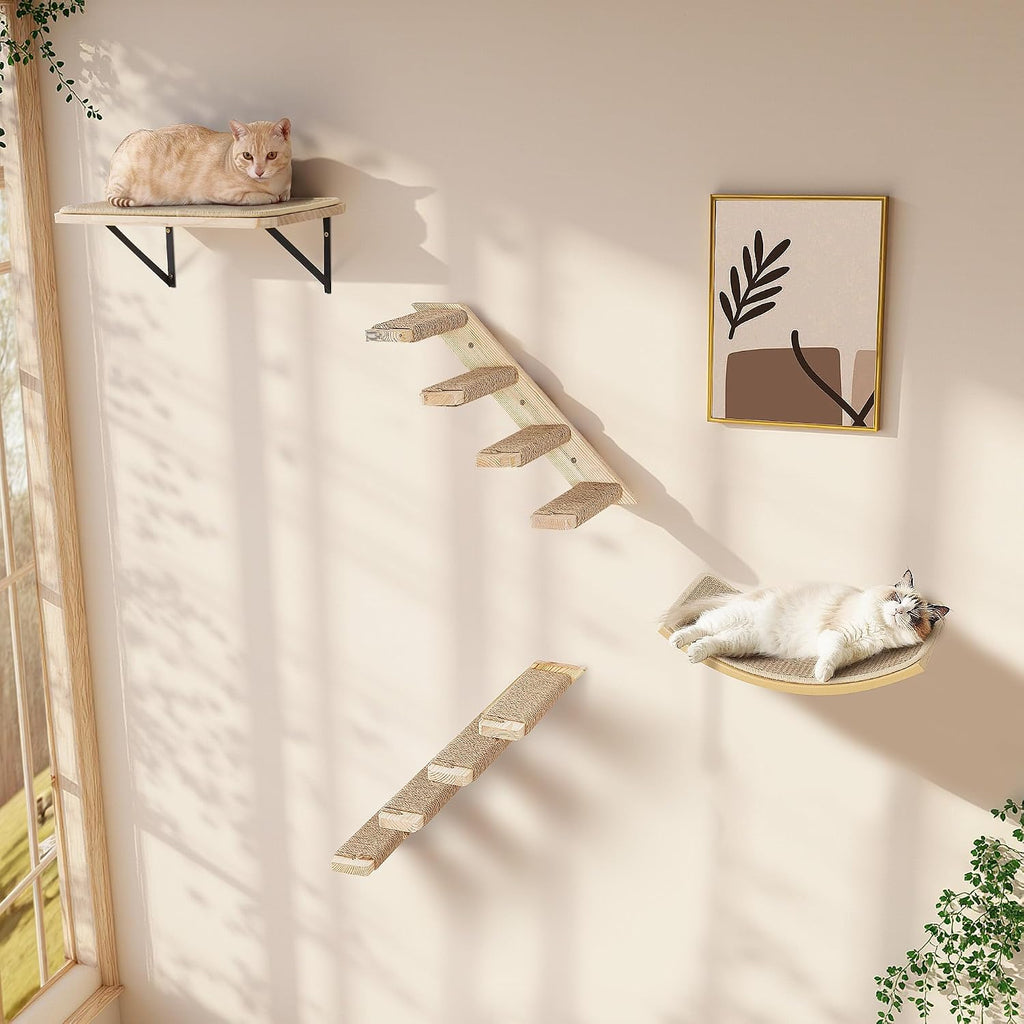 Cat Wall Shelves Set with Sisal Cats Stairs, 4 Piece Wooden Climbing Furniture with Scratchable Curved Bed, Flat Shelf & 2 Cat Wall 4-Steps Ladders