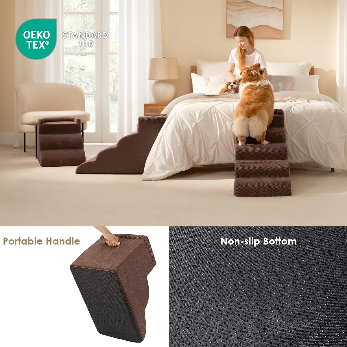EHEYCIGA 4-Step Curved Dog Stairs for Beds 17.6" H, Brown